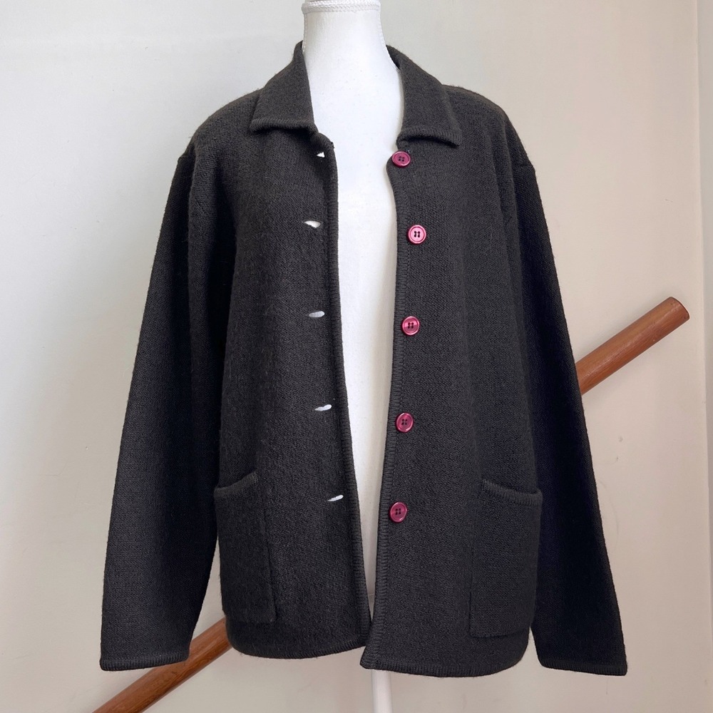 Vintage Wool Button Front Cardigan Sweater Medium Brown Pink Buttons Boxy Chic